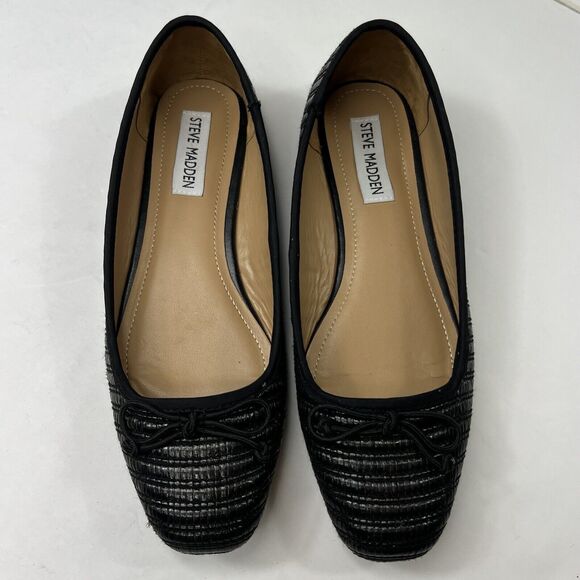 Steve Madden Black Seemly Raffia Straw Ballet Flats 8 Woven Bow Tie - Picture 3 of 10